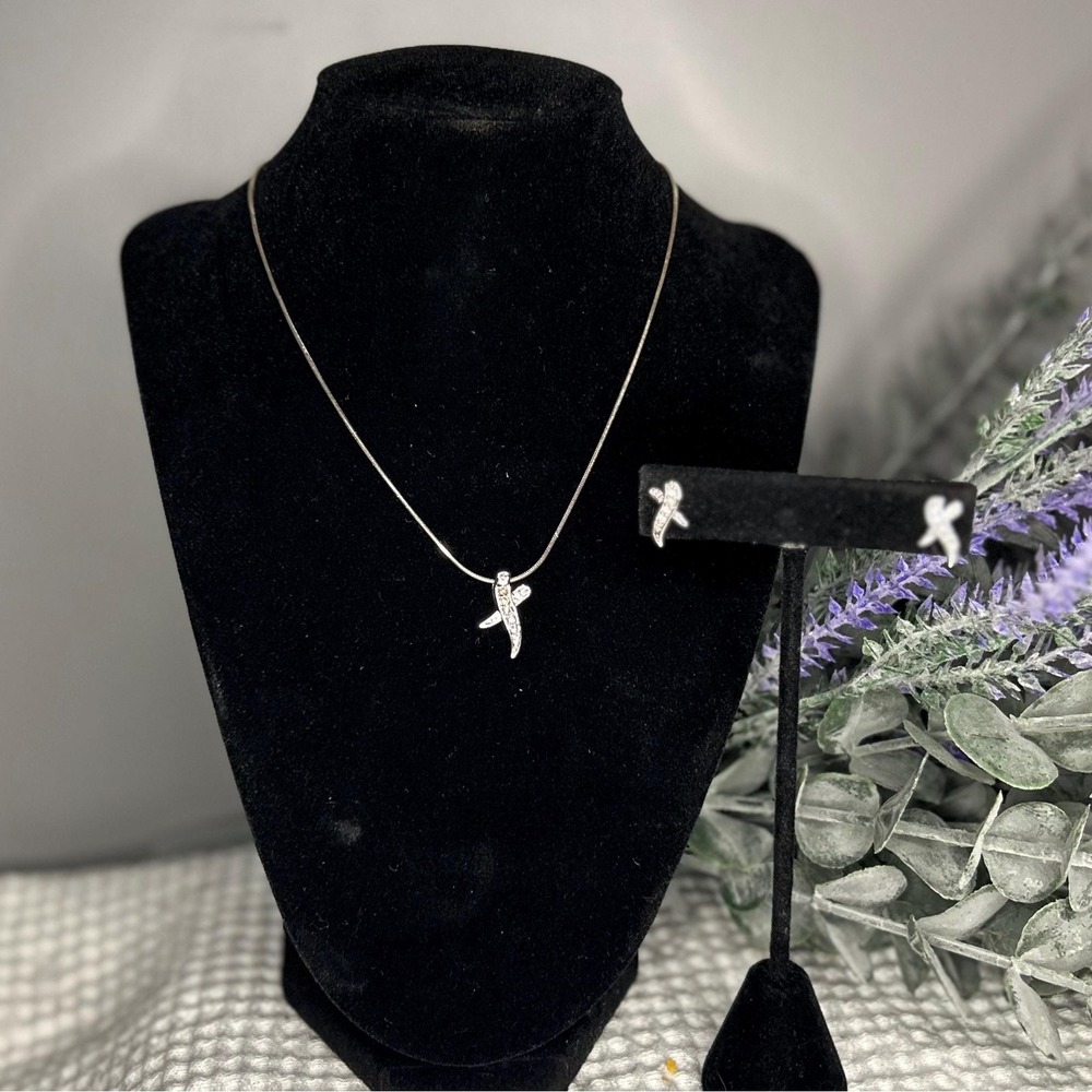 Silver Tone Necklace w/ Slide & Matching Earrings w/ Faux Diamonds (3 piece set)